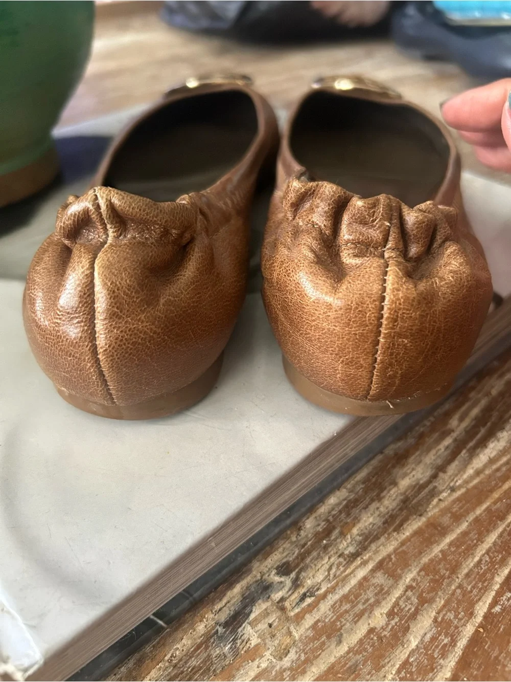 Tory Burch Tan Leather Logo Ballet Flats with Gold Medallions
